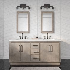 two bathroom sinks with mirrors above them in a room