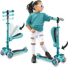 3-Wheeled Scooter for Kids - Wheel LED Lights, Adjustable Lean-to-Steer Handlebar, and Foldable Seat - Sit or Stand Ride with Brake for Boys and Girls Ages 1-14 Years Old Stand Design, Year Old, Turning, Boy Or Girl, Miami