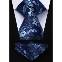 Floral Tie Handkerchief Set - BLUE Elegant Blue Neckwear For Business, Elegant Blue Neckwear For Black Tie Occasions, Elegant Blue Neckwear For Black Tie Events, Elegant Blue Neckwear With Ties, Blue Suit And Tie Accessories For Wedding, Blue Classic Wedding Suit And Tie Accessories, Fitted Blue Neckwear For Black Tie Events, Blue Standard Tie For Wedding, Elegant Blue Suit And Tie Accessories For Party