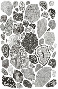 black and white drawing of rocks with different patterns on them, including one in the middle