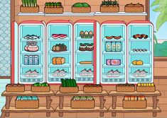 a cartoon refrigerator filled with lots of different types of foods and vegetables in front of a window