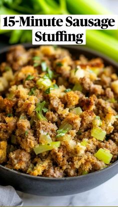 sausage stuffing in a skillet with celery on the side