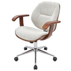 a white office chair with wooden arms and wheels