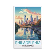 the philadelphia skyline is shown in this poster