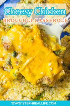 cheesy chicken and broccoli casserole in a blue bowl