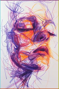 an abstract drawing of a man's face with colored lines on the upper half of his face