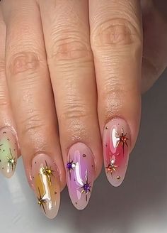 Gel Charm Nails, Aura Nails Different Colors, Crazy Fun Nails, Whimsical Nails Short, Faerie Nails, Colorful Aura Nails, Nail Designs Aura, Dreamy Nail Art, September Nail Ideas 2024