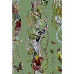 a green wallpaper with birds and flowers on it