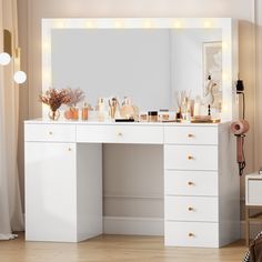 a white vanity with lights on it in a room