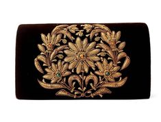 "Lush dark brown velvet clutch bag hand embroidered with antique copper floral wreath and embellished with genuine semi precious gemstones, sewn in. Perfect to wear with autumn tweeds, or when out with friends wearing jeans, an oversized cream colored sweater and cowboy boots! Zardozi means \"gold thread\" or \"writing with gold\". It is an elaborate and intricate art of 3D embroidery using metallic threads and semi precious stones. Zardozi was introduced into northern India in the early 16th ce Traditional Velvet Clutch For Formal Occasions, Traditional Clutch With Intricate Embroidery For Festivals, Traditional Gold Clutch For Ceremonial Occasions, Traditional Embroidered Velvet Clutch, Traditional Hand Embellished Gold Clutch, Traditional Velvet Evening Bag, Velvet Clutch Bag, Embellished Purses, Statement Clutch