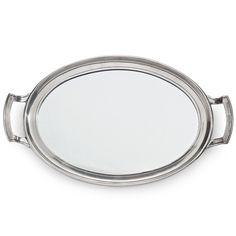 a silver tray with two handles on the bottom and one handle at the top, is shown against a white background