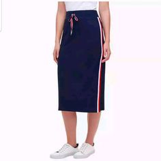 New With Tags Tommy Hilfiger Deep Dark Navy Blue Midi Length, Logo Colored Side Stripes Along The Sides, Elastic Waistban And Tie Ribbon Grosgrain. Soft Knit Fabric Made Vietnam Perfec Style For: Sporty, Preppy, Street Wear, Loungelook, Modest, Relax Fit Comfortable Casual Lounge Skirt Casual Navy Knee-length Skirt, Fitted Tommy Hilfiger Skirt, Tommy Hilfiger Fitted Skirt, Navy Cotton Skirt, Tommy Hilfiger Lined Skirt For Spring, Spring Tommy Hilfiger Lined Skirt, Lounge Skirt, Tie Ribbon, Dark Navy Blue