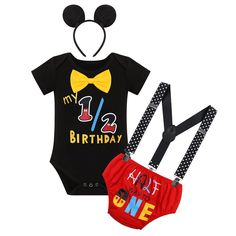 PRICES MAY VARY. ♛【Mouse Themed Half Birthday Outfit】Toddler baby boy’s mouse I’m Half Way to One birthday outfit to celebrate your son’s 1/2 birthday party smash cake pictures. Handsome gentleman tuxedo bowtie suit fancy cosplay dress up costume birthday cake smash outfit, 1st Halloween outfit mouse birthday party supplies happy 1/2 birthday boy set Romper+Suspenders+Diaper Cover Shorts+Mouse Ears Headband. Half way to a year boy photos outfit can as mouse costume for 6 months old baby boy birt Half Way To One Cake, Mouse Fancy Dress, Halfway To One, Half Way To One, One Cake Smash, 2 Birthday Party, Suspenders Pants, Cake Smash Photo Shoot