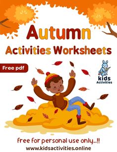 an autumn worksheet for kids with leaves falling from the tree and a boy sitting on