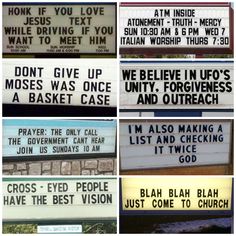 many different signs with words written on them