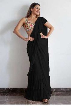 Black Ruffle Saree, Maroon Saree, Be The Sunshine, Draped Saree, Office Team, Simple Kurta Designs, Ruffle Saree, Shilpa Shetty