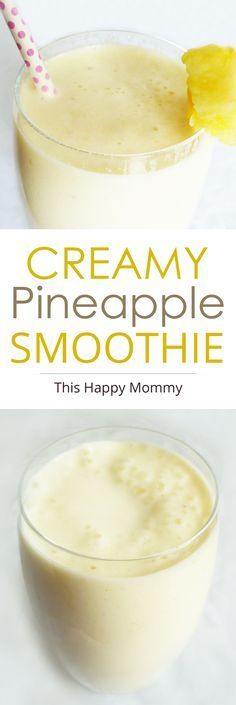 two glasses filled with creamy pineapple smoothie on top of a white table