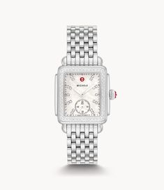 Inspired by the geometric shapes of Art Deco architecture, this stainless Deco Mid shines with 126 hand-set diamonds (0.57 carat weight) on the bezel and white mother-of-pearl dial adorned with double diamond hour markings. The signature MICHELE crown accents this stunning timepiece with a Swiss movement and the iconic seven-link stainless steel bracelet is interchangeable with any 16mm MICHELE strap. Modern White Gold Watches With Diamond Accents, White Chronograph Jewelry And Watches For Formal Occasions, Silver Diamond Watch With Chronograph And Rectangular Dial, White Watches With Diamond Hour Markers And Rectangular Dial, Elegant White Diamond Watch With Rectangular Dial, Modern White Diamond Watch With Rectangular Dial, White Diamond Watch With Rectangular Dial, Timeless White Diamond Watch With Rectangular Dial, Silver Diamond Analog Watch