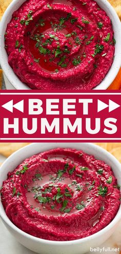 beet hummus in a white bowl with the words beet hummus above it