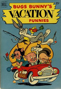 the cover to bugs bunny's vacation funnies, with cartoon characters riding in a car