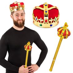 PRICES MAY VARY. This royal package includes a king crown decorated with magnificent colorful jewels and a bedazzled matching scepter. This 2-piece set comes one size fits most adults, teens, and some larger children. It is unisex and great for both men and women! This set is great for costumes, dress up, birthdays, and even theatrical productions. Looking for a quick and easy costume? This majestic king set is the perfect set for you! Great for any king or queen ensemble! King crown has an inne Costume Accessories With Tall Crown For Carnival, Tall Crown Costume Accessories For Carnival, Round Crown Costume Hats For Carnival, Carnival Costume Hat With Round Crown, Royal Gold Crown For Parties, Royal Gold Party Crown, Tall Crown Costume Hats And Headpieces For Carnival, Adjustable Crown Costume Hat For Costume Party, Adjustable Crown For Costume Party