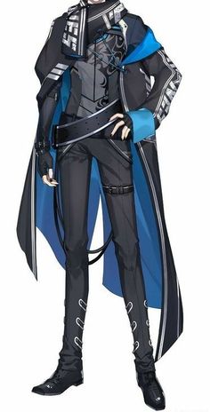 an anime character is dressed in black and blue