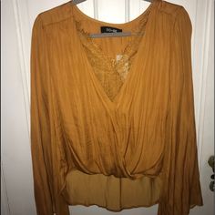 Deep Neck Line- Lined With Lace And Bell Flare Sleeves Flowy Long Sleeve Tops For Night Out, Flowy Fall Blouse For Night Out, Flowy Top For Spring Night Out, Flowy Tops For Night Out In Spring, Bohemian Tops For Fall Night Out, Sheer Embroidered Top, Olive Green Blouse, Twist Front Top, Vince Camuto Dress