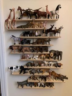 the shelves are filled with different types of toy animals