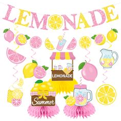 a lemonade banner with pink and yellow decorations