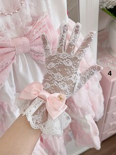 Elevate your Lolita ensemble with our stunning Bowknot Lace Gloves, meticulously designed to add a touch of elegance and charm to your look. These gloves feature intricate lace detailing and delicate bowknots, embodying the quintessential Lolita aesthetic. With 21 beautiful colors to choose from, you can effortlessly match these gloves with any outfit, ensuring a perfect blend of style and sophistication. Pink Quinceanera Dresses Gloves & Mittens, Hand Accessories Kawaii, Pink And White Accessories, Pink Cute Things, Lace Gloves Outfit, Cute Core Aesthetic, Pink Fashion Aesthetic, Aesthetic Gloves, Lace Aesthetic