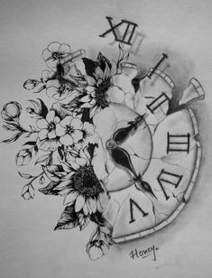 a drawing of a clock with flowers on it