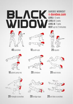 the black widow workout poster shows how to do it in different positions, including exercises and instructions