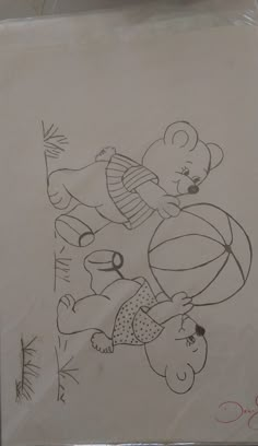 a drawing of two bears playing with a ball