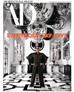 the front cover of architectural digest magazine, featuring a man in black and white attire