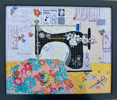 a sewing machine with flowers on it is framed in a black frame and has the words sequins printed on it