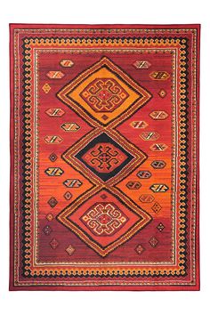 an orange and red rug with geometric designs