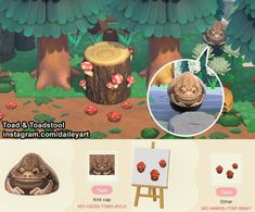 the animal crossing game features toad and toad's house, mushrooms, and trees