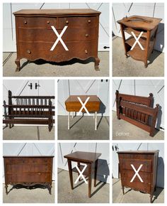 six different pictures of an old dresser with white crosses on the top and bottom drawers