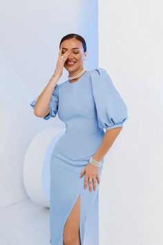 #office #fashion #fashionable #dressesforwomen #design #dress Blue Tea Party Outfit, Duchess Fabric Dress Styles, Different Skirts Designs, Chic Tops Classy, Crepe Gown Styles, Crepe Dresses, Office Wears, Top Puff Sleeve, Classy Short Dresses