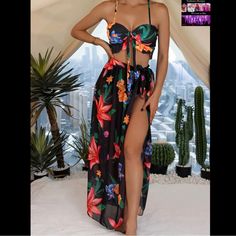 3-Pieces Floral Print Bikini Sets, Tie Front Lettuce Trim High Cut With Cover Up Skirt Bathing Suit, Women's Swimwear & Clothing Colors As Seen In Photos Wardrobe Architect, Coverup Swimsuit, Casual Chique, Beach Skirt, Print Swimwear, Black Swimwear, Print Swimsuit, Island Girl, Look Casual