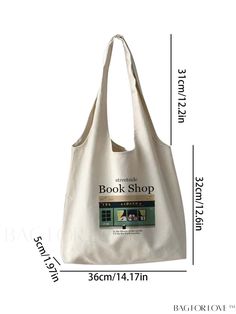 the book shop canvas tote bag is shown with measurements for each item in front