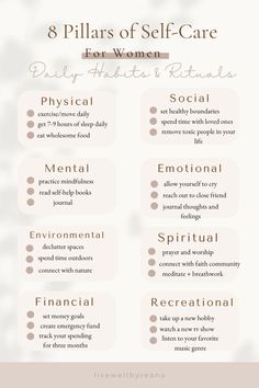 “Explore the essence of self-care with our ‘8 Pillars of Self-Care for Women’ – a holistic guide to nurturing your mind, body, and soul. Discover practices that empower, inspire, and elevate your well-being.#selfcare #wellness well-being | self-care tips | self-care for women | wellness wednesday | daily self-care | holistic wellness | daily habits | productivity Self Development For Women, Perfect Self Care Day, Self Care Areas, Areas Of Self Care, Easy Self Care Tips, Healthy Women Wellness, Self Care Pillars, How To Start A Holistic Lifestyle, Lifestyle Tips For Women