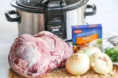 an assortment of meats and vegetables sitting in front of the instant pressure cooker