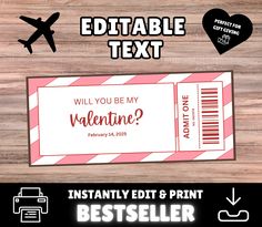 valentine's day ticket card with an airplane in the background and text that reads, will you be my valentine?