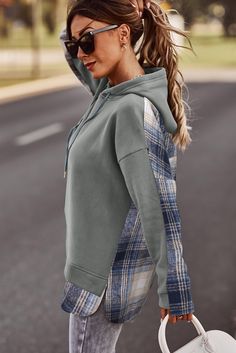 Gray Plaid Splicing Drawstring Hoodie Casual Patchwork Sweatshirt For Layering, Hooded Tops With Contrast Color For Fall, Casual Contrast Color Fall Sweatshirt, Casual Fall Color Block Hoodie, Spring Patchwork Hoodie Sweatshirt, Fall Hooded Tops With Contrast Color, Casual Hooded Tops With Contrast Color, Trendy Fall Color Block Hoodie, Long Sleeve Hoodie With Contrast Color For Fall