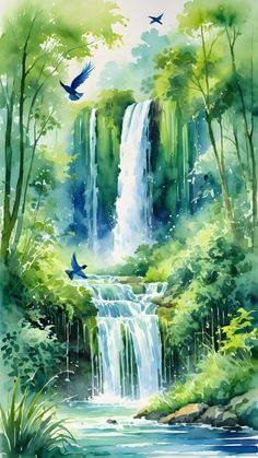 a painting of a waterfall and birds flying over it in the forest with green foliage