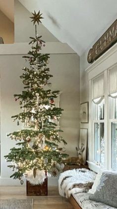 a living room with a christmas tree in the corner and lights hanging from the ceiling