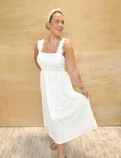 Get ready to blossom in the Rosey Posey Ecru Midi Dress. The perfect white spring dress - a classic style that is sure to become your new spring staple. Dress it up or down, this versatile dress is perfect for any occasion. Ashley is 5'4" and is wearing a size medium. White Spring Dress, White Dress Spring, Staple Dress, Spring Staples, Versatile Dresses, Spring Dress, Clothes Collection, Sweater Blouse, Dress Romper