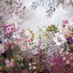 an artistic painting with flowers and plants in the foreground