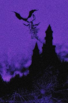 the silhouette of a castle against a purple sky with bats flying over it and trees